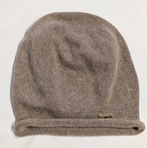 Jaxmonoy Taupe Cashmere Knit Beanie with gold logo detail